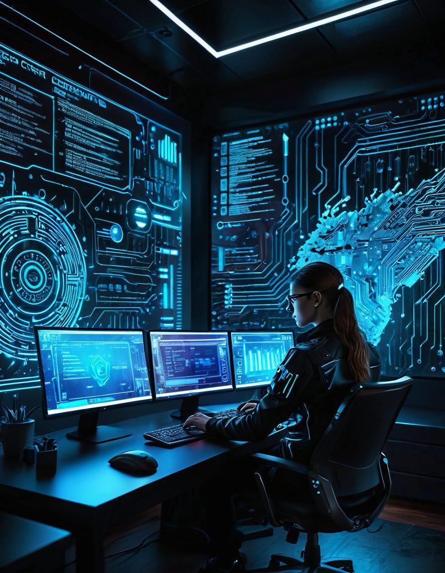 A futuristic graphic depicting a blog writer sitting at a desk, surrounded by multiple layers of digital shields representing cyber defense strategies. The atmosphere is filled with vibrant colors and glowing data streams, symbolizing online privacy. The writer is focused on a computer screen with shield icons and padlocks displayed, emphasizing security. Include elements like circuit board patterns in the background for a tech feel. cyberpunk. vibrant colors. 3D.