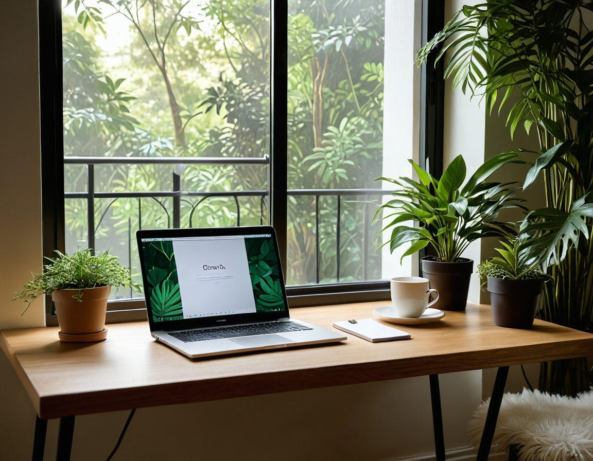 A serene workspace featuring a laptop with a privacy lock symbol, surrounded by green plants for a calming effect. Include notes with tips on safe blogging practices scattered around, and a steaming cup of coffee to signify focused work. Soft light filtering through a window to create a warm ambiance. minimalistic and clean design. super-realistic. vibrant colors.